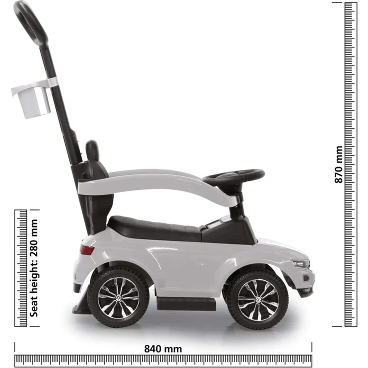 Jamara 460463 Rutscher VW T-ROC 3in1-Kippschutz, Kofferraum, Schub-und Haltestange mit Lenkfunktion, Rückenlehne, seitlichen Schutzbügel, ausziehbare Fußauflage, Sound/Hupe am Lenkrad, weiß, 84 x 40 x 87 cm, ab 6 Monaten – Bild 3