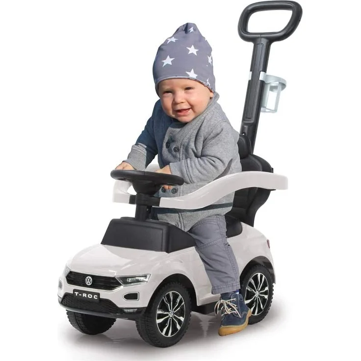 Jamara 460463 Rutscher VW T-ROC 3in1-Kippschutz, Kofferraum, Schub-und Haltestange mit Lenkfunktion, Rückenlehne, seitlichen Schutzbügel, ausziehbare Fußauflage, Sound/Hupe am Lenkrad, weiß, 84 x 40 x 87 cm, ab 6 Monaten – Bild 2