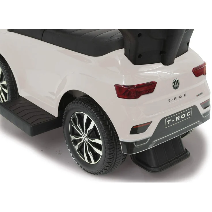 Jamara 460463 Rutscher VW T-ROC 3in1-Kippschutz, Kofferraum, Schub-und Haltestange mit Lenkfunktion, Rückenlehne, seitlichen Schutzbügel, ausziehbare Fußauflage, Sound/Hupe am Lenkrad, weiß, 84 x 40 x 87 cm, ab 6 Monaten – Bild 4