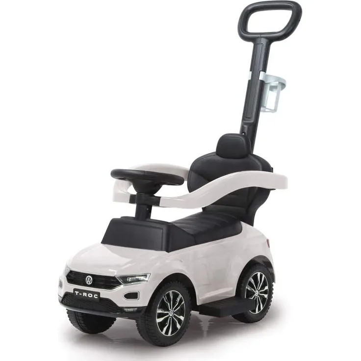 Jamara 460463 Rutscher VW T-ROC 3in1-Kippschutz, Kofferraum, Schub-und Haltestange mit Lenkfunktion, Rückenlehne, seitlichen Schutzbügel, ausziehbare Fußauflage, Sound/Hupe am Lenkrad, weiß, 84 x 40 x 87 cm, ab 6 Monaten