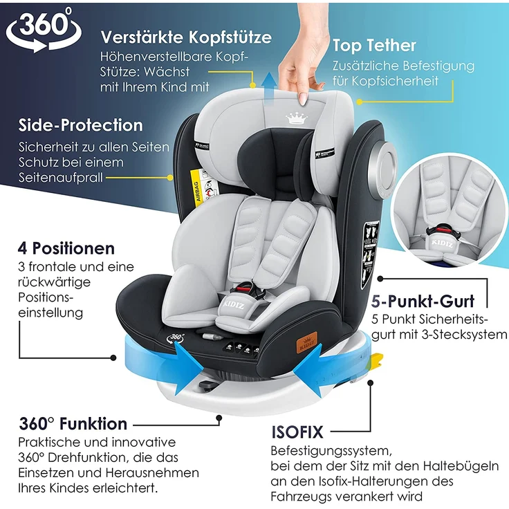 KIDIZ® Kindersitz Baby Autositz Kinderautositz Isofix Top Tether 360° drehbar Gruppe 0/1/2/3 ab Geburt 0-36kg ECE R44/04 Hellgrau/ Anthrazit – Bild 3
