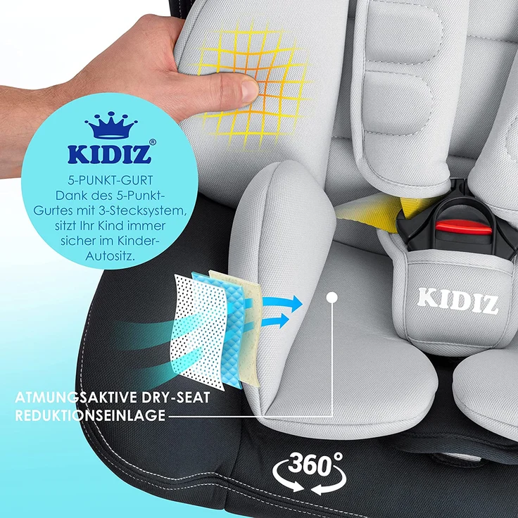 KIDIZ® Kindersitz Baby Autositz Kinderautositz Isofix Top Tether 360° drehbar Gruppe 0/1/2/3 ab Geburt 0-36kg ECE R44/04 Hellgrau/ Anthrazit – Bild 4