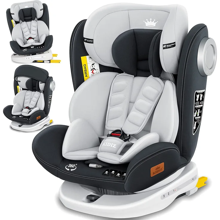 KIDIZ® Kindersitz Baby Autositz Kinderautositz Isofix Top Tether 360° drehbar Gruppe 0/1/2/3 ab Geburt 0-36kg ECE R44/04 Hellgrau/ Anthrazit
