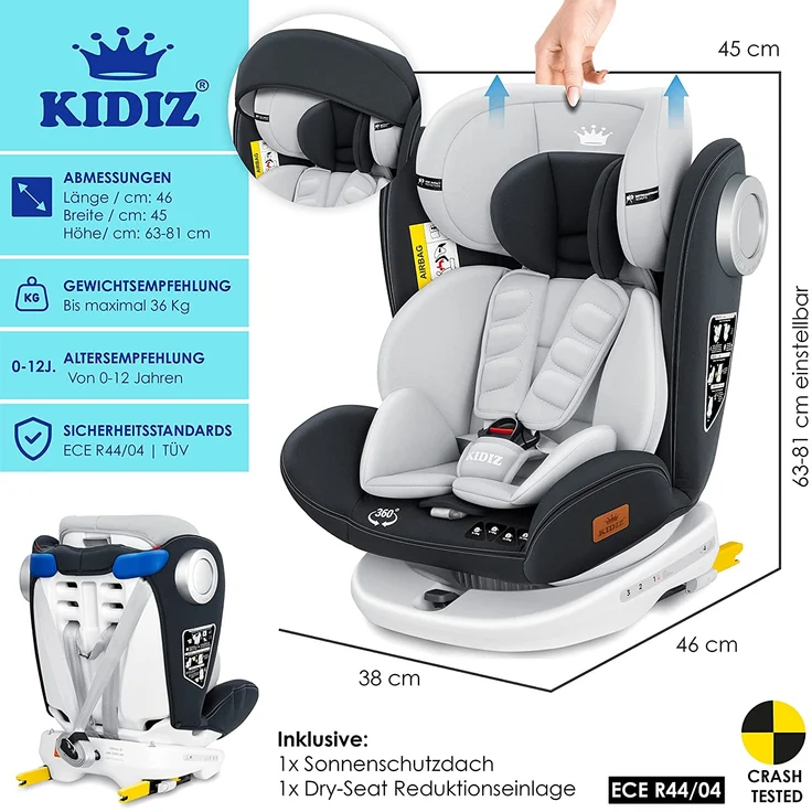 KIDIZ® Kindersitz Baby Autositz Kinderautositz Isofix Top Tether 360° drehbar Gruppe 0/1/2/3 ab Geburt 0-36kg ECE R44/04 Hellgrau/ Anthrazit – Bild 7