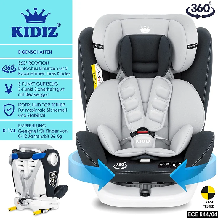KIDIZ® Kindersitz Baby Autositz Kinderautositz Isofix Top Tether 360° drehbar Gruppe 0/1/2/3 ab Geburt 0-36kg ECE R44/04 Hellgrau/ Anthrazit – Bild 2