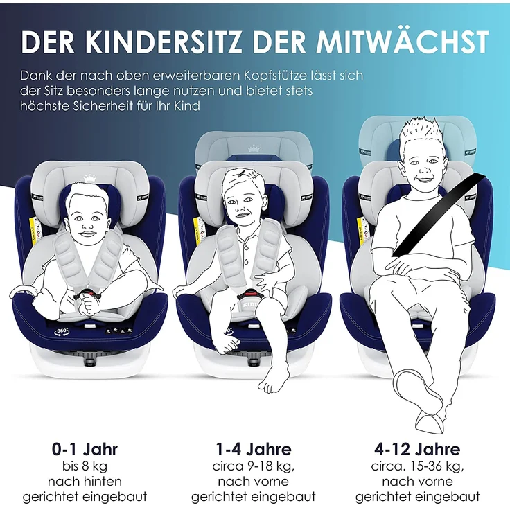 KIDIZ® Kindersitz Baby Autositz Kinderautositz Isofix Top Tether 360° drehbar Gruppe 0/1/2/3 ab Geburt 0-36kg ECE R44/04 Hellgrau/ Anthrazit – Bild 6