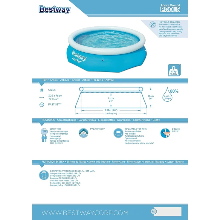 Bestway Fast Set Aufblasbarer Swimmingpool Rund 305x76 cm 57266 – Bild 7