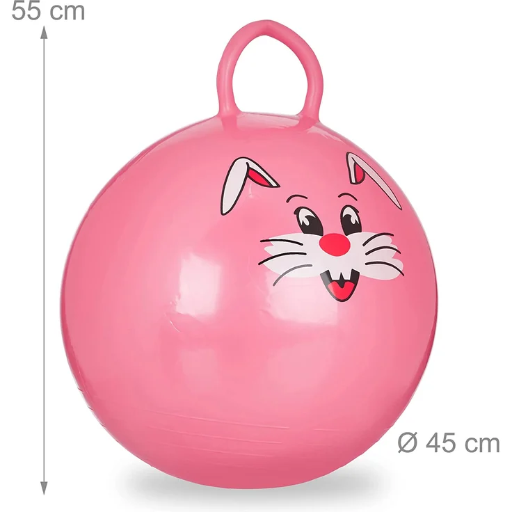 Relaxdays Hüpfball Kinder, Hase, mit Griff, für Drinnen und Draußen, mit Tier-Motiv, weich, 45 cm Durchmesser, pink – Bild 3