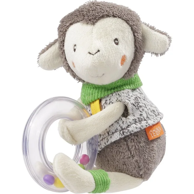Fehn 061062 Rasselring Schaf | Greifling zum Rasseln, Fühlen und Spielen mit bunten Rasselperlen und kuschelweichem Stoff-Schaf | Für Babys und Kleinkinder ab 0+ Monaten