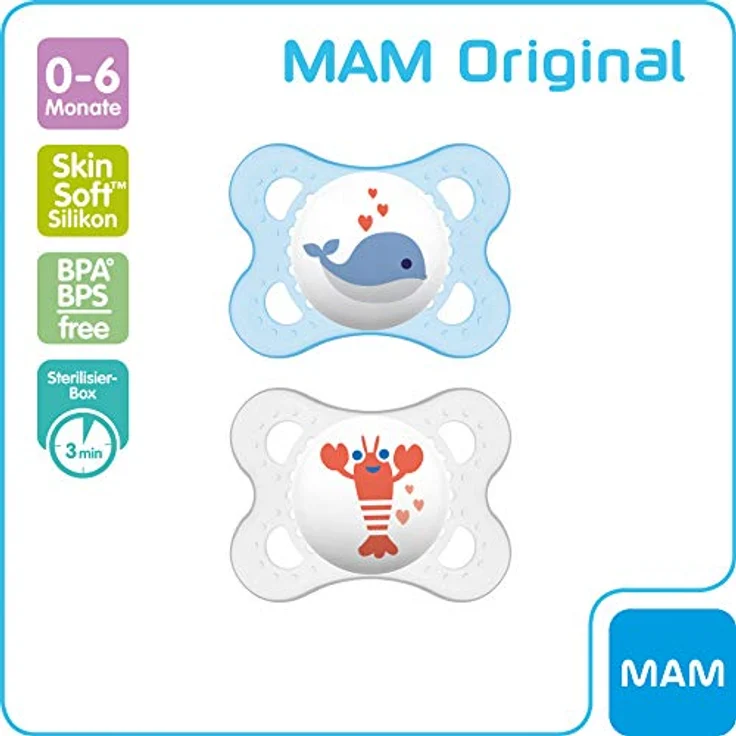 MAM Original Silikon Schnuller im 2er-Set, besonders sanfter Schnuller, Baby Schnuller aus speziellem MAM SkinSoft Silikon mit Schnullerbox, 0 - 6 Monate, blau – Bild 4