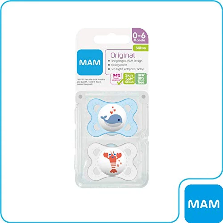 MAM Original Silikon Schnuller im 2er-Set, besonders sanfter Schnuller, Baby Schnuller aus speziellem MAM SkinSoft Silikon mit Schnullerbox, 0 - 6 Monate, blau – Bild 5