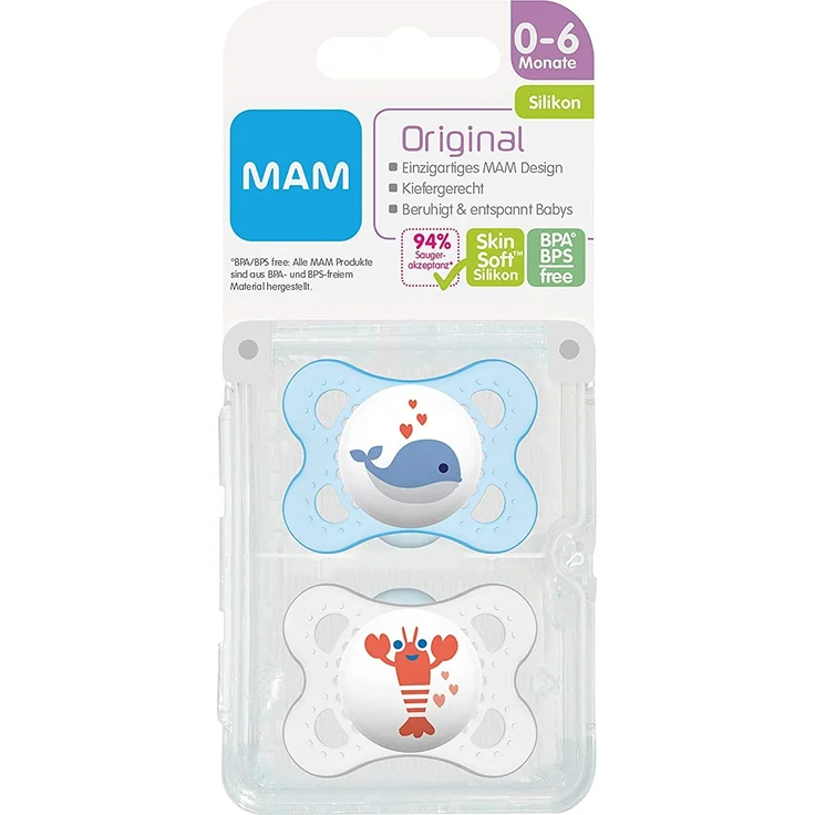 MAM Original Silikon Schnuller im 2er-Set, besonders sanfter Schnuller, Baby Schnuller aus speziellem MAM SkinSoft Silikon mit Schnullerbox, 0 - 6 Monate, blau – Bild 3