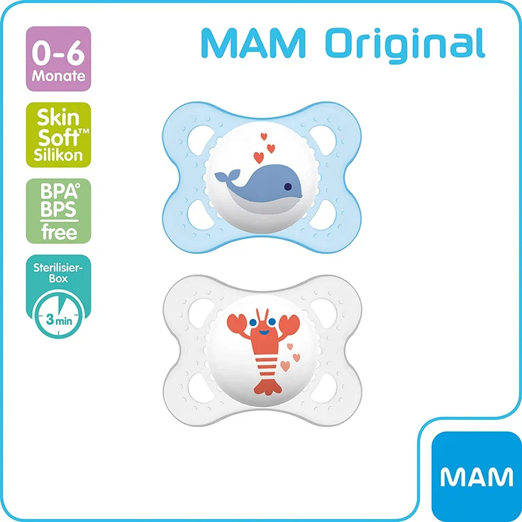 MAM Original Silikon Schnuller im 2er-Set, besonders sanfter Schnuller, Baby Schnuller aus speziellem MAM SkinSoft Silikon mit Schnullerbox, 0 - 6 Monate, blau – Bild 6