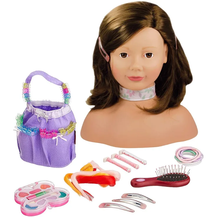 Götz 1192053 Haarwerk mit braunen Haaren und braunen Augen - 28 cm hoher Frisierkopf- und Schminkkopf in 58-teiligen Set - geeignet für Mädchen ab 3 Jahren