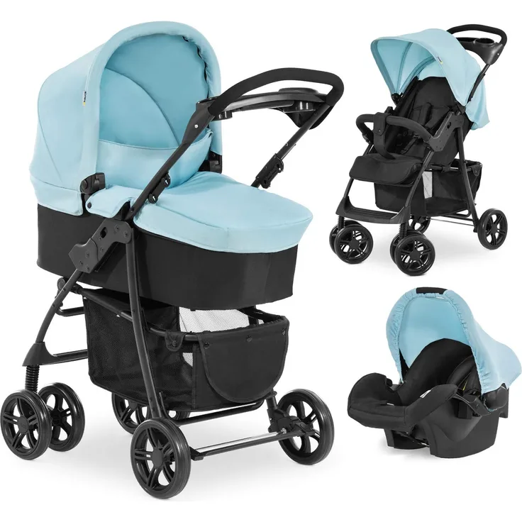 Hauck Kombi Kinderwagen Shopper Trioset inkl. Babywanne, Babyschale, Sitz mit Liegefunktion, Getränkehalter und Ablage, bis 25 kg, Klein Zusammenklappbar, Hellblau