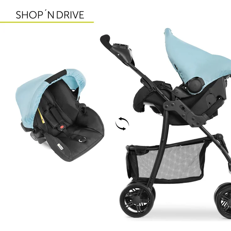Hauck Kombi Kinderwagen Shopper Trioset inkl. Babywanne, Babyschale, Sitz mit Liegefunktion, Getränkehalter und Ablage, bis 25 kg, Klein Zusammenklappbar, Hellblau – Bild 7