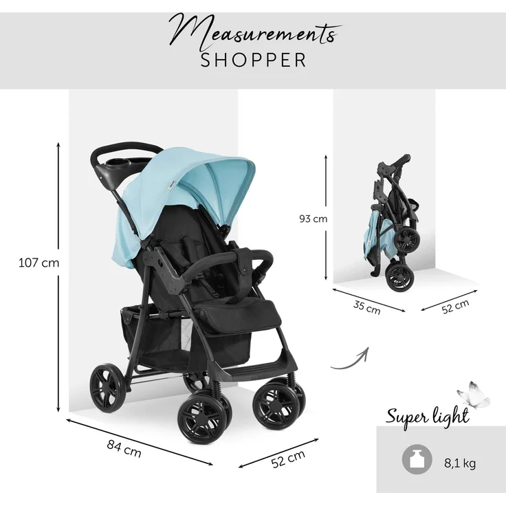 Hauck Kombi Kinderwagen Shopper Trioset inkl. Babywanne, Babyschale, Sitz mit Liegefunktion, Getränkehalter und Ablage, bis 25 kg, Klein Zusammenklappbar, Hellblau – Bild 3