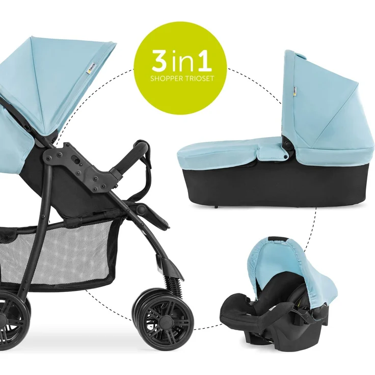 Hauck Kombi Kinderwagen Shopper Trioset inkl. Babywanne, Babyschale, Sitz mit Liegefunktion, Getränkehalter und Ablage, bis 25 kg, Klein Zusammenklappbar, Hellblau – Bild 58