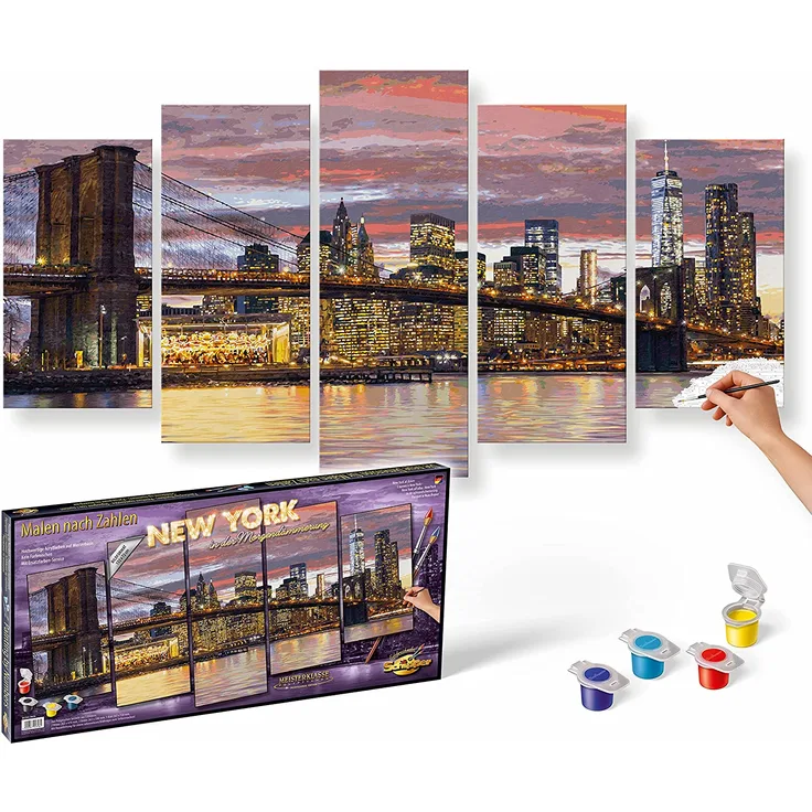 Schipper 609450806 Malen nach Zahlen, New York in der Morgendämmerung - Bild malen für Erwachsene, inklusive Pinsel und Acrylfarben, 5 Bilder, Meisterklasse Polyptychon - Profi-Edition, 132 x 72 cm