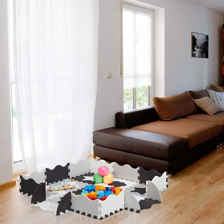 Relaxdays Puzzlematte 34-teilig, EVA Schaumstoff, schadstofffrei, 0,77 m², Spielmatte Rand, versch. Motive, grau/weiß – Bild 2