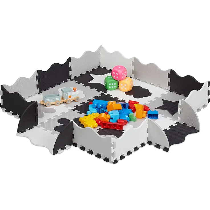 Relaxdays Puzzlematte 34-teilig, EVA Schaumstoff, schadstofffrei, 0,77 m², Spielmatte Rand, versch. Motive, grau/weiß – Bild 1