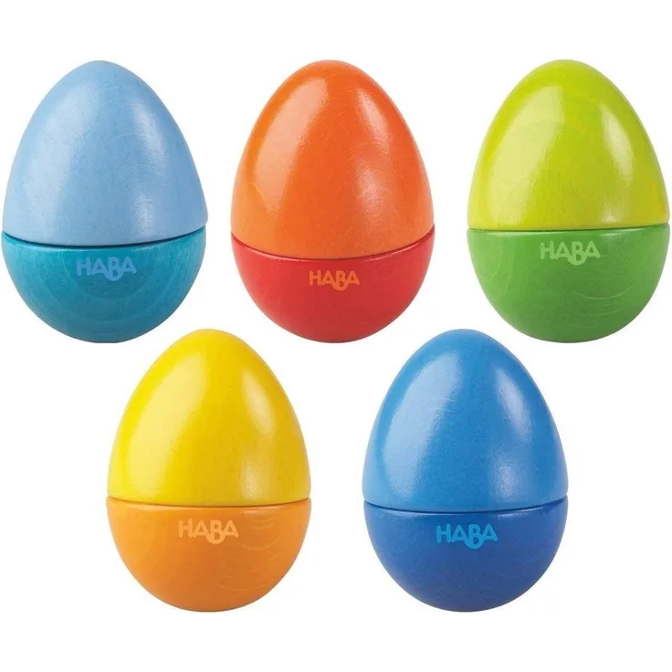 Haba 7733 - Musikeier, 5 farbenfrohe Rasseleier, aus Holz, zur Förderung der musikalischen Entwicklung von Babys und Kleinkindern ab 2 Jahren
