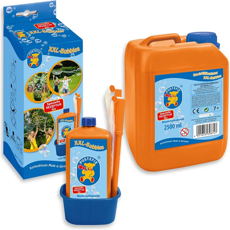 Pustefix XXL-Bubbles + XXL Bubbles Nachfüllkanister 2,5 Liter I Seifenblasenwasser und Zubehör I Bunte Bubbles Made in Germany I Für Hochzeit, Kindergeburtstag, Standesamt I Riesen-Seifenblasen – Bild 1
