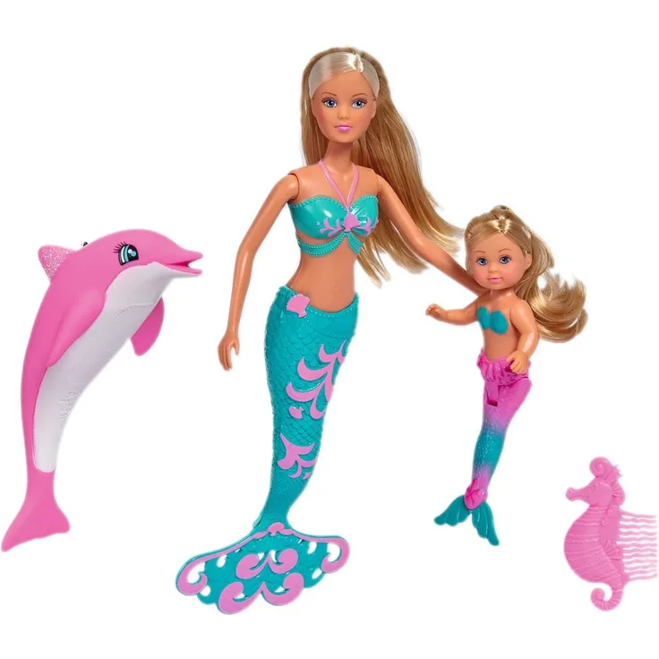 Simba 105733336 - Steffi Love Mermaid Friends / Steffi als Meerjungfrau / mit Evi Puppe / rosa Delfin / Seepferdchen-Kamm/ Ankleidepuppe / 29cm, für Kinder ab 3 Jahren