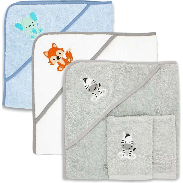 Baby Kapuzenhandtuch 80x80cm aus 100% Baumwolle - Weiches Babyhandtuch mit süßem Tiermotiv bestickt grau