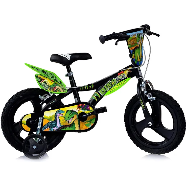 DINO BIKES Jungenfahrrad Kinderfahrrad Dinosaurier schwarz-grün 14 Zoll