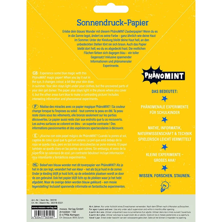 moses. PhänoMINT Sonnendruck-Papier, Experimentierspielzeug für Kinder, Bastelpapier zum Beobachten wissenschaftlicher Phänomene, 10 Papierblätter zum Drucken verschiedener Objekte – Bild 6