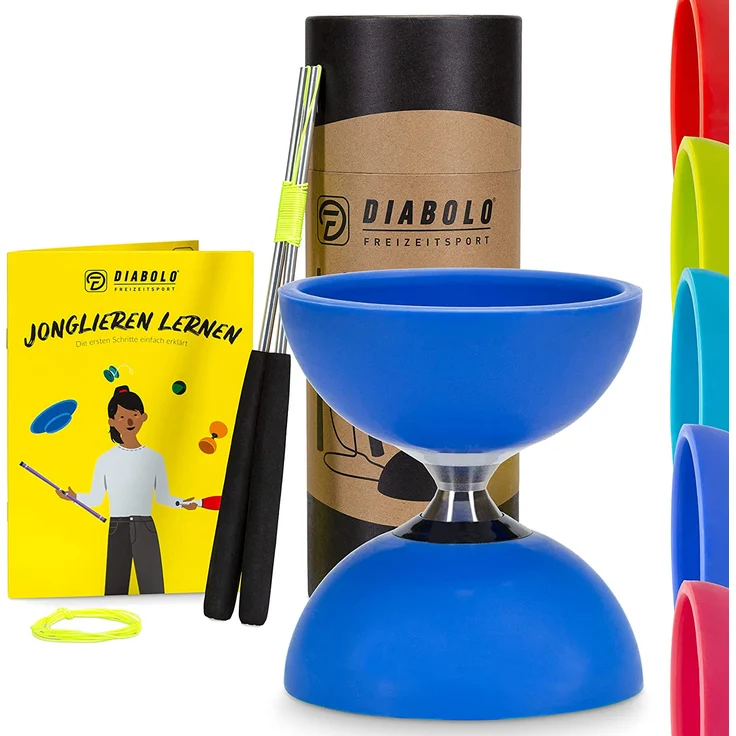 Diabolo Freizeitsport Jonglier-Set Pro mit kugelgelagertem Diabolo (blau), Handsticks aus Aluminium, Ersatzschnur (160cm) und Gedruckter Anleitung - mit Geschenkverpackung ideal zum Verschenken – Bild 1