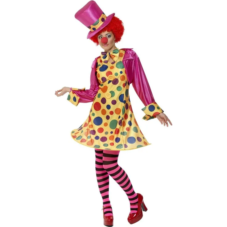 Clown Damenkostüm Mehrfarbig Reifkleid Hemd Fliege Gestreifte Strumpfhose Hut, Large