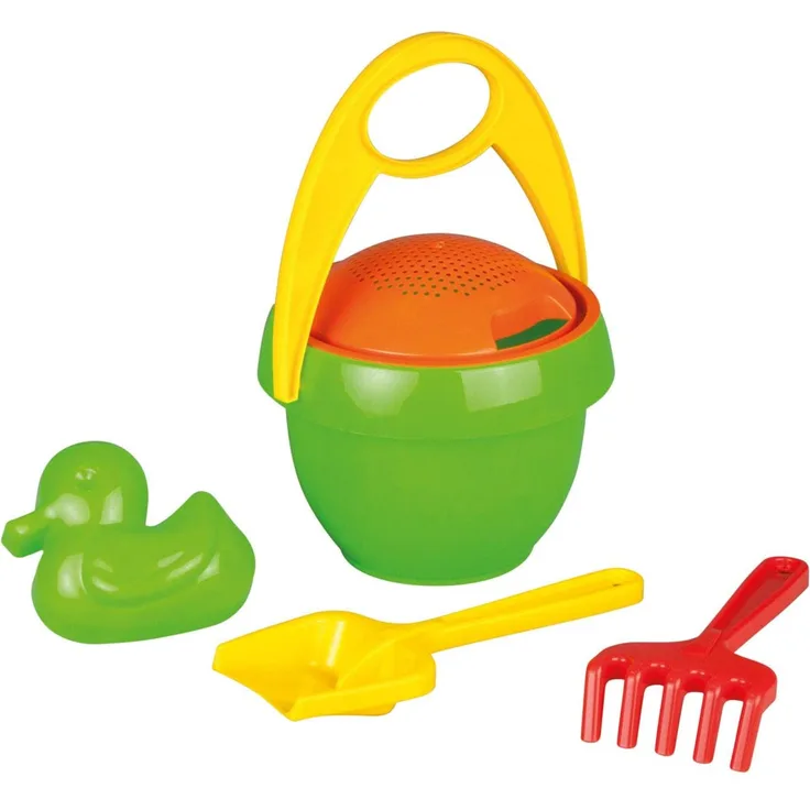 Lena 05323 - Happy Sand Spielset, 5 Teile, Sand und Wasser Spielzeug Set für Kinder ab 2 Jahre, mit Sandeimer, Sieb, Sandförmchen, Sandschaufel und Rechen aus Kunststoff, Sandspielzeug Eimergarnitur