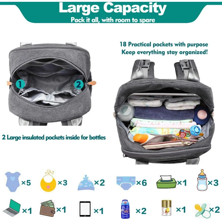 BabbleRoo Baby Wickeltasche/Rucksack, Wickelrucksack lässige Wickeltaschen, Multifunktional Große Kapazität Babytasche Reiserucksack mit Wickelauflage & Schnullerhalter (dunkelgrau) – Bild 6