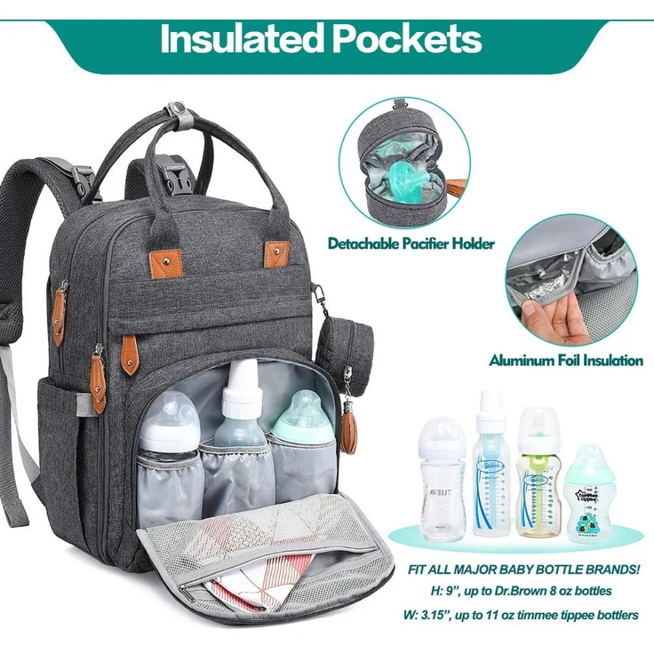BabbleRoo Baby Wickeltasche/Rucksack, Wickelrucksack lässige Wickeltaschen, Multifunktional Große Kapazität Babytasche Reiserucksack mit Wickelauflage & Schnullerhalter (dunkelgrau) – Bild 3