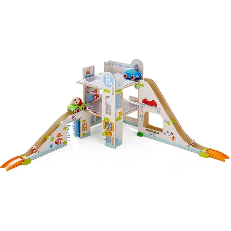 HABA 303828 Kullerbü – Spielbahn Parkhaus, Holzkugelbahn und Motorikspielzeug mit Waschstraße, Hebebühne und Tankstelle, Mehrfarbig – Bild 1