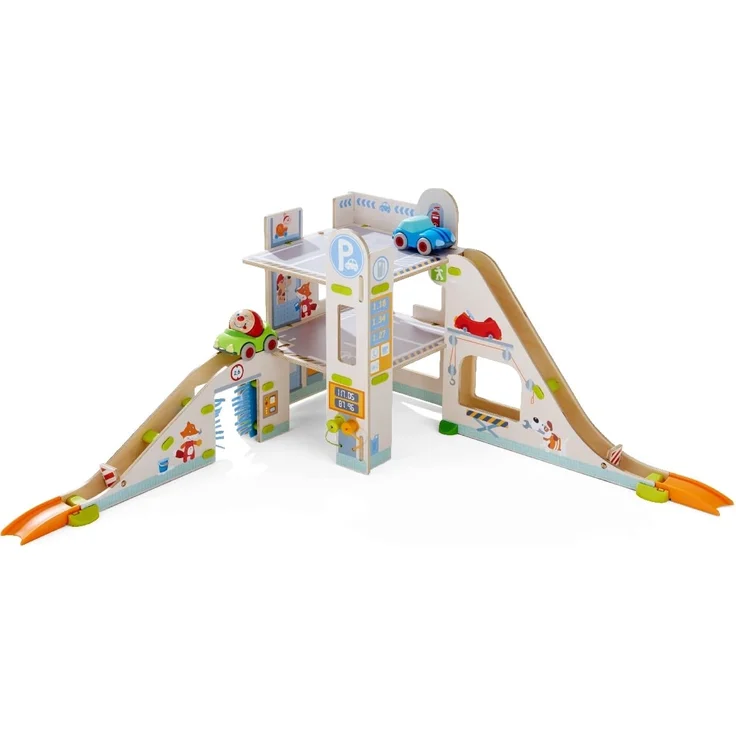 HABA 303828 Kullerbü – Spielbahn Parkhaus, Holzkugelbahn und Motorikspielzeug mit Waschstraße, Hebebühne und Tankstelle, Mehrfarbig – Bild 9
