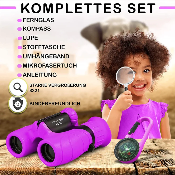 Fernglas für Kinder - Optimales Geschenk für kleine Jungen und Mädchen - Starke Vergrößerung 8X21 – Umfangreiches Set inklusive Lupe & Kompass – Spielzeug für 4 5 6 7 8 Jahre alte Jungen und Mädchen – Bild 2