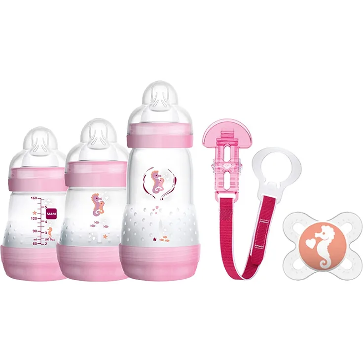 MAM Welcome to the World Geschenke-Set, Baby Erstausstattung mit 3 Anti-Colic Flaschen, Schnuller und Schnullerband, Baby Geschenk Set, ab der Geburt, Katzenmotiv, rosa