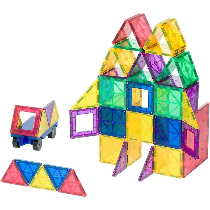 Playmags Preisgekrönte klare Farben Magnetfliesen Baukasten 50 + 6-teiliges Set mit Auto - STEM Magnetspielzeug Entwickeln Sie motorische Fähigkeiten und Kreativität, buntes, langlebiges Magnetgebäude