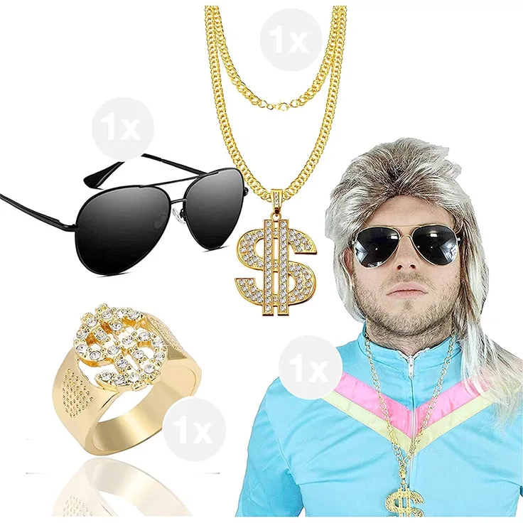 TK Gruppe Timo Klingler 4 in 1 Vokuhila Set mit Assi Perücke, Goldkette, Brille - für Fasching & Karneval für 80er 90er Kostüm