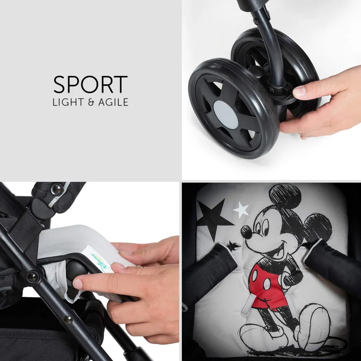 Hauck Disney Buggy Sport, Ultra Leicht - nur 5,9 kg, Klein Zusammenklappbar, Reisebuggy mit Liegefunktion, Sonnenverdeck, Großer Korb, Mickey Stars Grau Schwarz – Bild 5