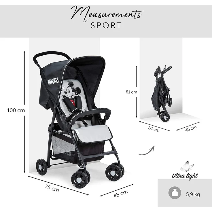 Hauck Disney Buggy Sport, Ultra Leicht - nur 5,9 kg, Klein Zusammenklappbar, Reisebuggy mit Liegefunktion, Sonnenverdeck, Großer Korb, Mickey Stars Grau Schwarz – Bild 3
