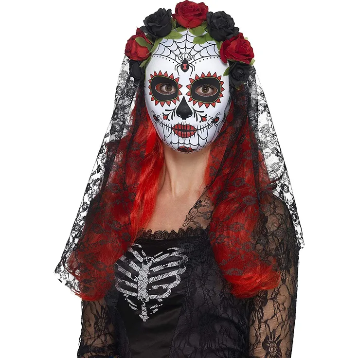Halloween! Smiffys Tag der Toten Señorita-Maske, ganzes Gesicht, Rotet Schwarz, mit Rosenet Schleier