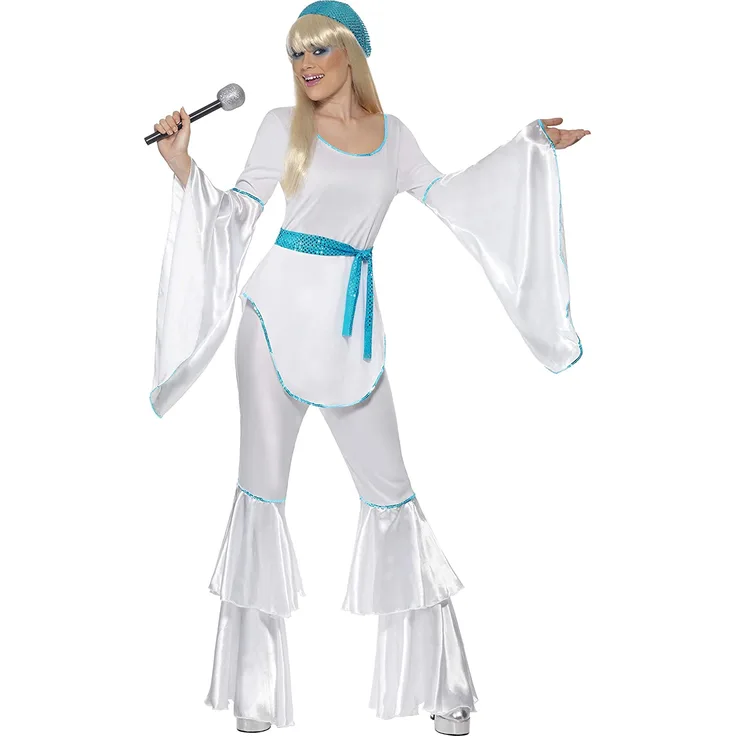 Super Trooper Damenkostüm Weiß mit Oberteil Hose Mütze und Bindegürtel , Large