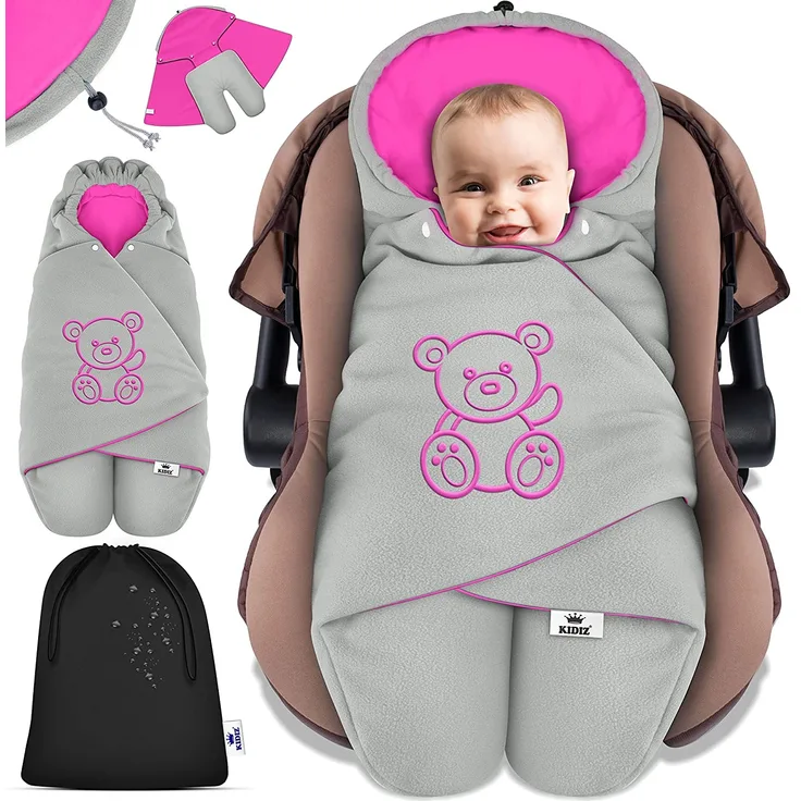 KIDIZ® Baby Einschlagdecke Winter mit Kapuze +Tasche Babyeinschlagdecke Universal für Babyschale, Autositz, z. B. für Maxi-Cosi, Römer für Buggy Babybett Kinderwagen & alle Gurtsysteme 3 & 5-Punkt Gurt Grau / Pink