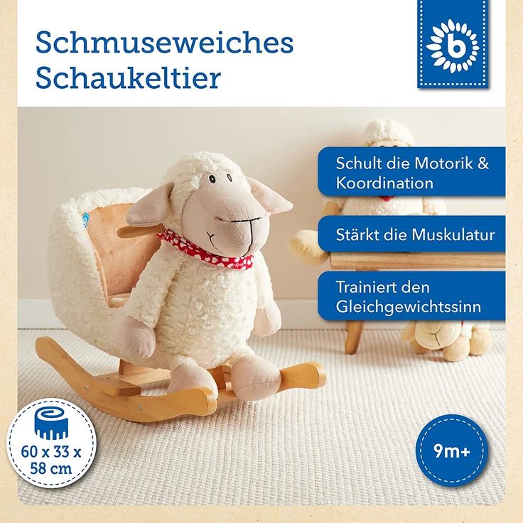 Bieco Plüsch Schaukeltier Schaf 61x33x48cm | Schaukelpferd Baby | Schaukeltier Baby | Kinderschaukel Indoor | Baby Wippe | Baby Schaukel | Schaukelpferd ab 1 Jahr | Schaukel Baby Spielzeug – Bild 2