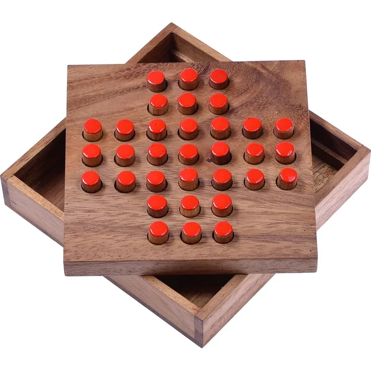 Solitär Gr. L - rote Stecker - Spielfeld 13 x 13 cm – Solitaire – Knobelspiel