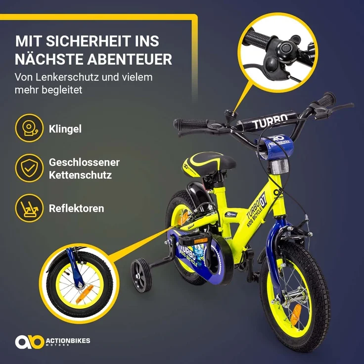 Kinderfahrrad Turbo 12 Zoll Kinder Fahrrad mit Stützräder gelb blau ab 2 Jahre – Bild 2